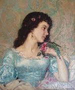 Weerts Jean Joseph Beautiful pensive portrait of a young woman with a bird and flower oil on canvas